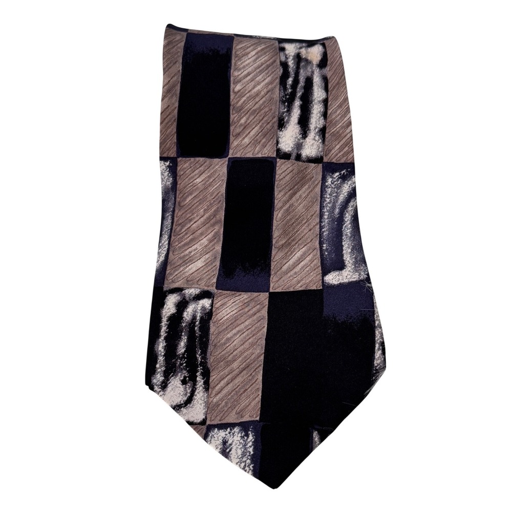 Mens Italian Silk Tie Geometric Block Pattern Black Gray Taupe 58 Inch